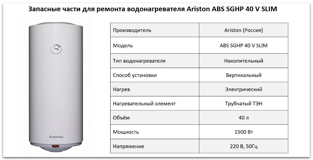 Купить запчасти Ariston ABS SGHP 40 V SLIM в Шадринске